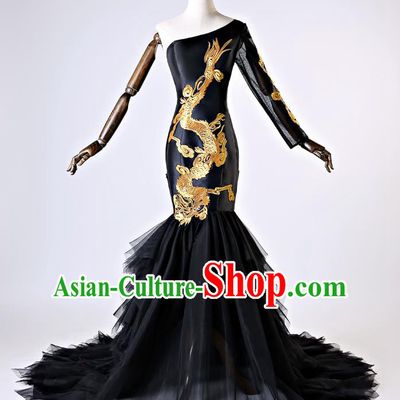 Chinese Traditional Black Veil Full Dress Compere Chorus Costume for Women