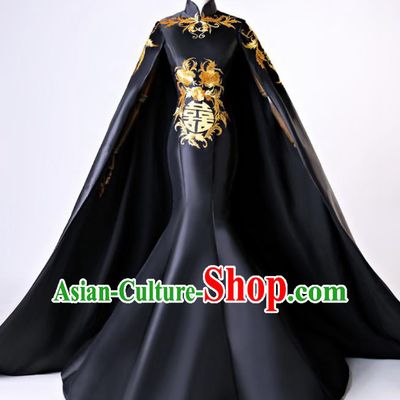 Chinese Traditional Peony Pattern Black Full Dress Compere Chorus Costume for Women