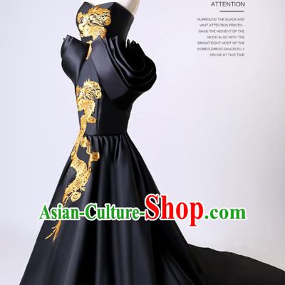 Chinese Traditional Dragon Pattern Black Full Dress Compere Chorus Costume for Women