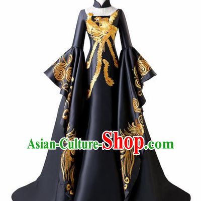 Chinese Traditional Phoenix Pattern Black Full Dress Compere Chorus Costume for Women