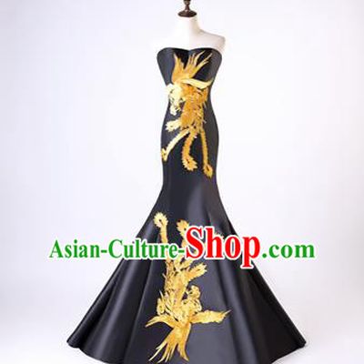 Chinese Traditional Phoenix Pattern Black Mermaid Full Dress Compere Chorus Costume for Women