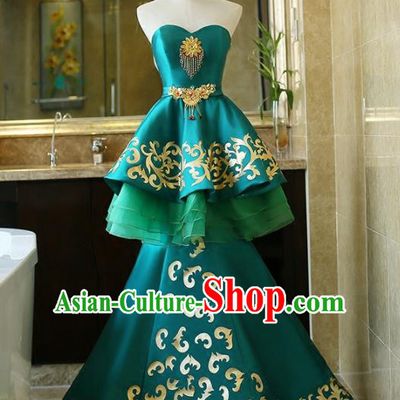 Chinese Traditional Compere Green Full Dress Embroidered Cheongsam Chorus Costume for Women