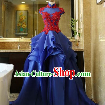 Chinese Traditional Compere Blue Full Dress Embroidered Cheongsam Chorus Costume for Women