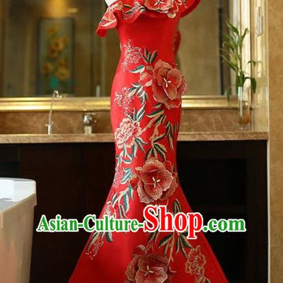 Chinese Traditional Compere Red Full Dress Embroidered Cheongsam Chorus Costume for Women