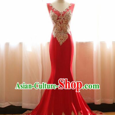 Chinese Traditional Compere Red Trailing Full Dress Embroidered Cheongsam Chorus Costume for Women
