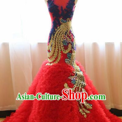 Chinese Traditional Compere Red Trailing Full Dress Embroidered Phoenix Cheongsam Chorus Costume for Women