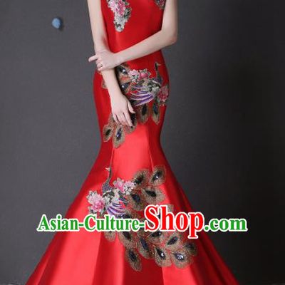 Chinese Traditional Compere Red Full Dress Embroidered Phoenix Cheongsam Chorus Costume for Women