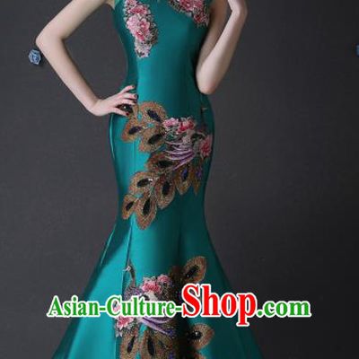 Chinese Traditional Compere Green Full Dress Embroidered Phoenix Cheongsam Chorus Costume for Women