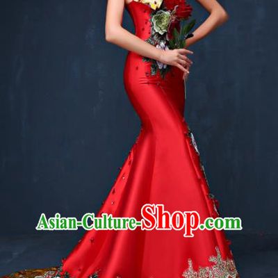 Chinese Traditional Compere Red Full Dress Embroidered Peony Cheongsam Chorus Costume for Women