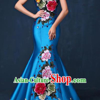Chinese Traditional Compere Blue Full Dress Embroidered Peony Cheongsam Chorus Costume for Women