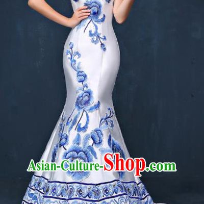 Chinese Traditional Compere White Full Dress Embroidered Peony Cheongsam Chorus Costume for Women