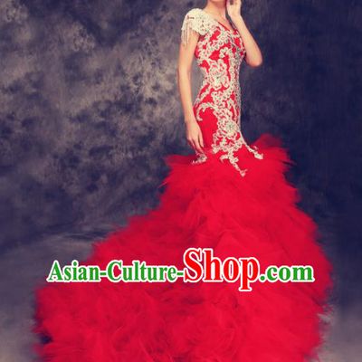 Chinese Traditional Compere Red Veil Full Dress Cheongsam Chorus Costume for Women