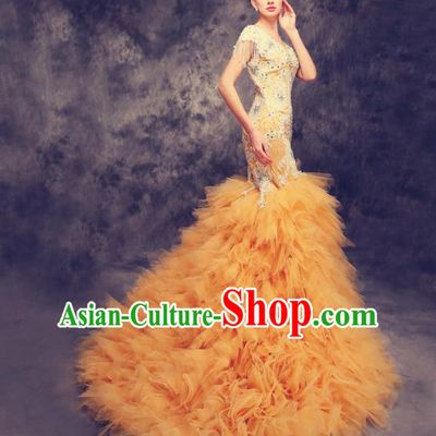 Chinese Traditional Compere Yellow Veil Full Dress Cheongsam Chorus Costume for Women
