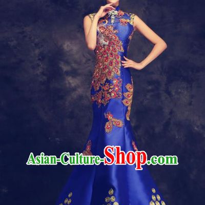 Chinese Traditional Compere Full Dress Royalblue Cheongsam Chorus Costume for Women