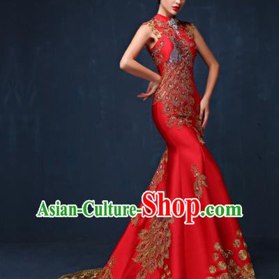 Chinese Traditional Compere Full Dress Red Cheongsam Chorus Costume for Women