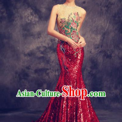 Chinese Traditional Compere Wine Red Full Dress Chorus Costume for Women