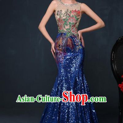 Chinese Traditional Compere Royalblue Full Dress Chorus Costume for Women