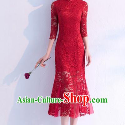 Chinese Traditional Wedding Full Dress Wine Red Lace Cheongsam Compere Costume for Women