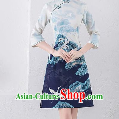Chinese Traditional Full Dress Printing Crane Cheongsam Compere Costume for Women