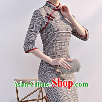 Chinese Traditional Full Dress Grey Cheongsam Compere Costume for Women