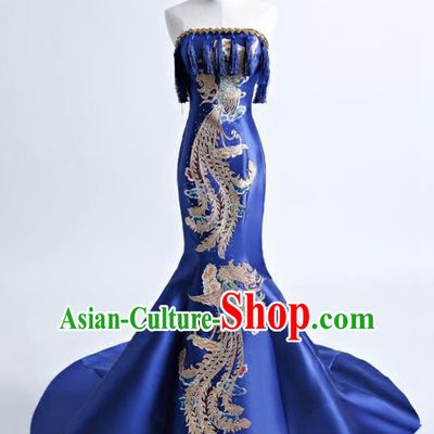 Chinese Traditional Phoenix Pattern Royalblue Full Dress Compere Chorus Costume for Women