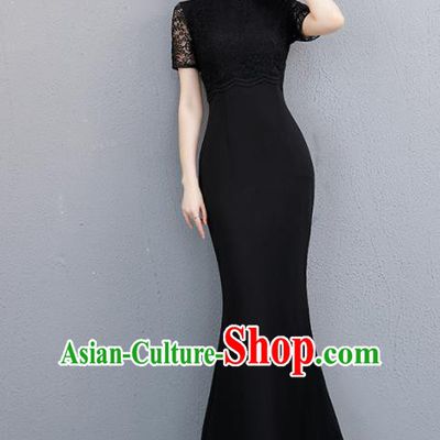Chinese Traditional Full Dress Black Lace Cheongsam Compere Costume for Women