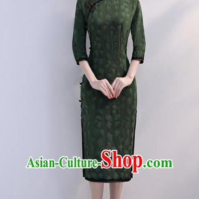 Chinese Traditional Full Dress Deep Green Short Cheongsam Compere Costume for Women