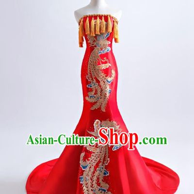 Chinese Traditional Phoenix Pattern Red Full Dress Compere Chorus Costume for Women