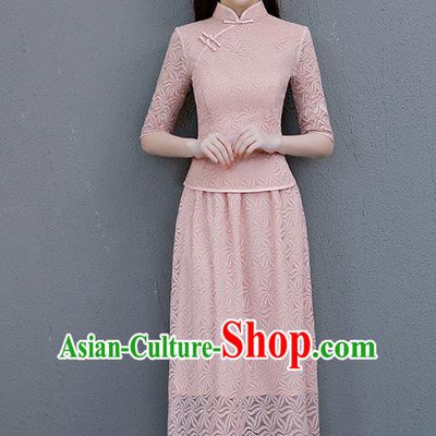 Chinese Traditional Qipao Dress Champagne Lace Cheongsam Suits Compere Costume for Women