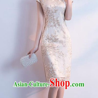 Chinese Traditional Qipao Dress Champagne Cheongsam Compere Costume for Women