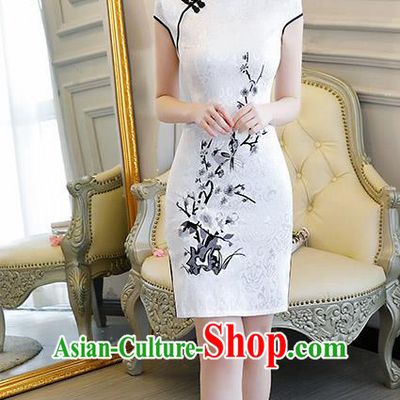 Chinese Traditional Qipao Dress Printing White Cheongsam Compere Costume for Women