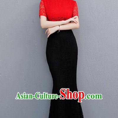 Chinese Traditional Qipao Dress Wedding Lace Cheongsam Compere Costume for Women