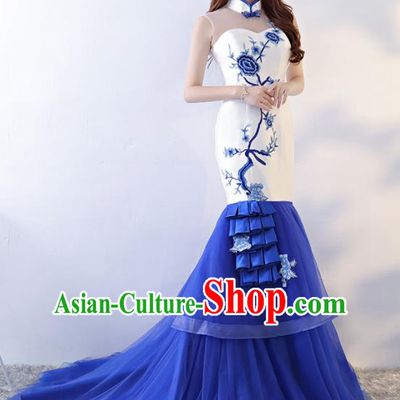 Chinese Traditional Qipao Dress Blue Veil Trailing Cheongsam Compere Costume for Women