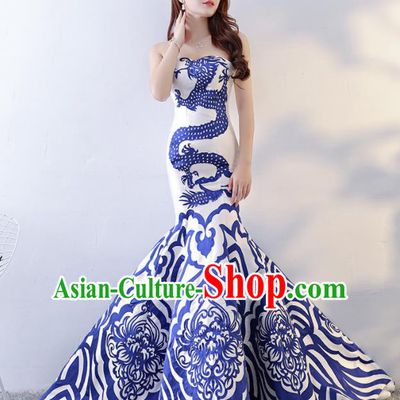 Chinese Traditional Qipao Dress Printing Dragon Trailing Cheongsam Compere Costume for Women