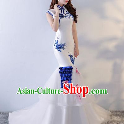 Chinese Traditional Qipao Dress White Veil Trailing Cheongsam Compere Costume for Women