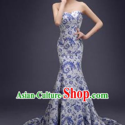 Chinese Traditional Qipao Dress Trailing Cheongsam Compere Costume for Women
