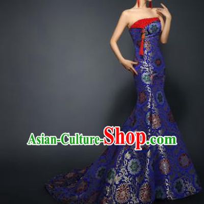 Chinese Traditional Qipao Dress Royalblue Trailing Cheongsam Compere Costume for Women