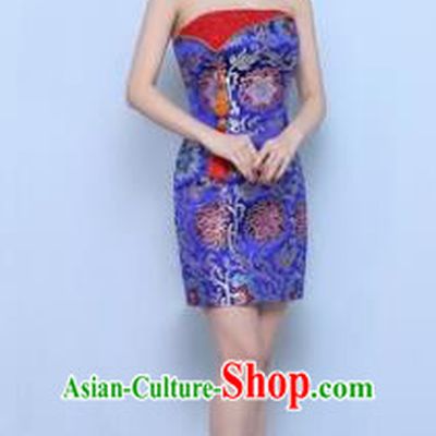 Chinese Traditional Qipao Dress Royalblue Short Cheongsam Compere Costume for Women