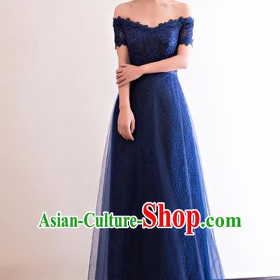 Top Grade Wedding Navy Veil Full Dress Compere Costume for Women