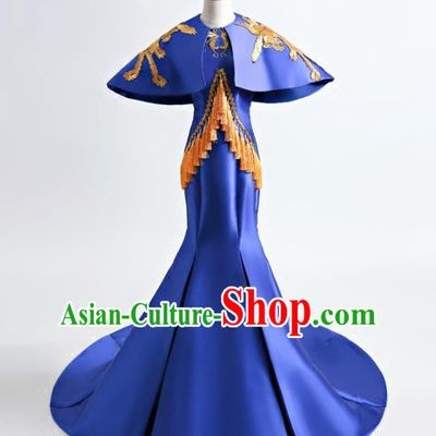 Chinese Traditional Phoenix Royalblue Full Dress Compere Chorus Costume for Women