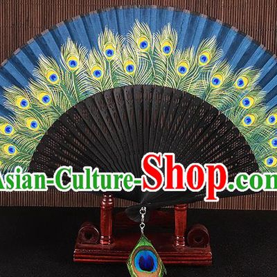 Chinese Traditional Craft Printing Peacock Feather Folding Fans