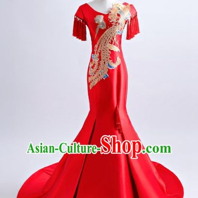Chinese Traditional Embroidered Phoenix Red Full Dress Compere Chorus Costume for Women