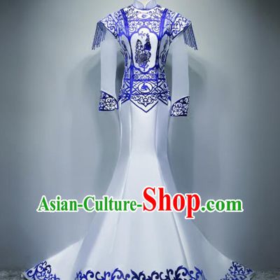 Chinese Traditional White Trailing Full Dress Compere Chorus Costume for Women