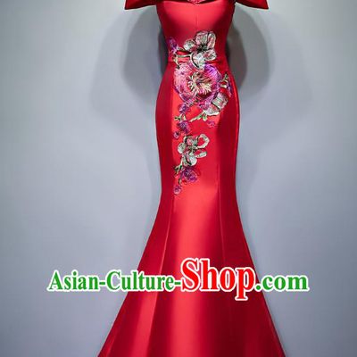 Chinese Traditional Embroidered Red Full Dress Compere Chorus Costume for Women