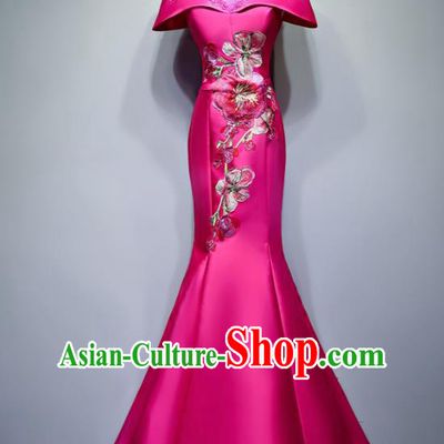 Chinese Traditional Embroidered Rosy Full Dress Compere Chorus Costume for Women