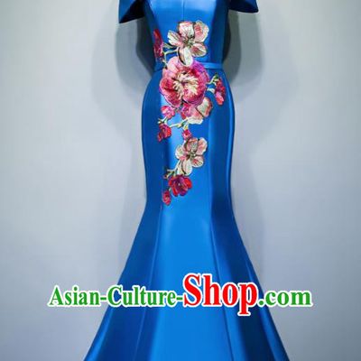 Chinese Traditional Embroidered Blue Full Dress Compere Chorus Costume for Women
