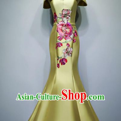 Chinese Traditional Embroidered Yellow Full Dress Compere Chorus Costume for Women