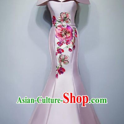 Chinese Traditional Embroidered Pink Full Dress Compere Chorus Costume for Women