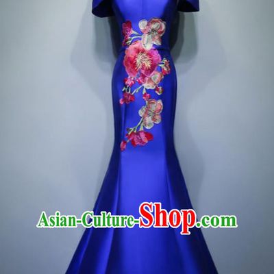 Chinese Traditional Embroidered Royalblue Full Dress Compere Chorus Costume for Women