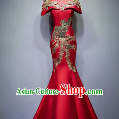 Chinese Traditional Embroidered Phoenix Red Full Dress Compere Chorus Costume for Women